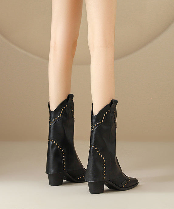 Black Rivet Chunky Faux Leather Soft Splicing Boots Pointed Toe