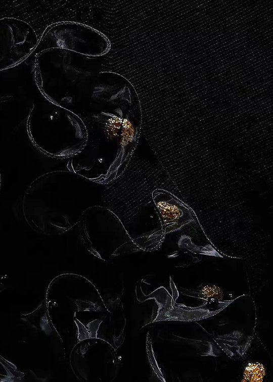 Black Ruffled Tulle Patchwork Cotton Waistcoat V Neck Summer