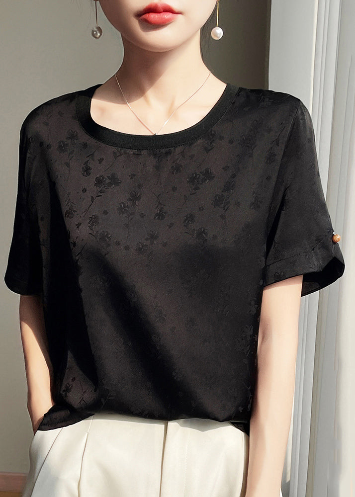 Black Side Open Silk Shirts O Neck Summer