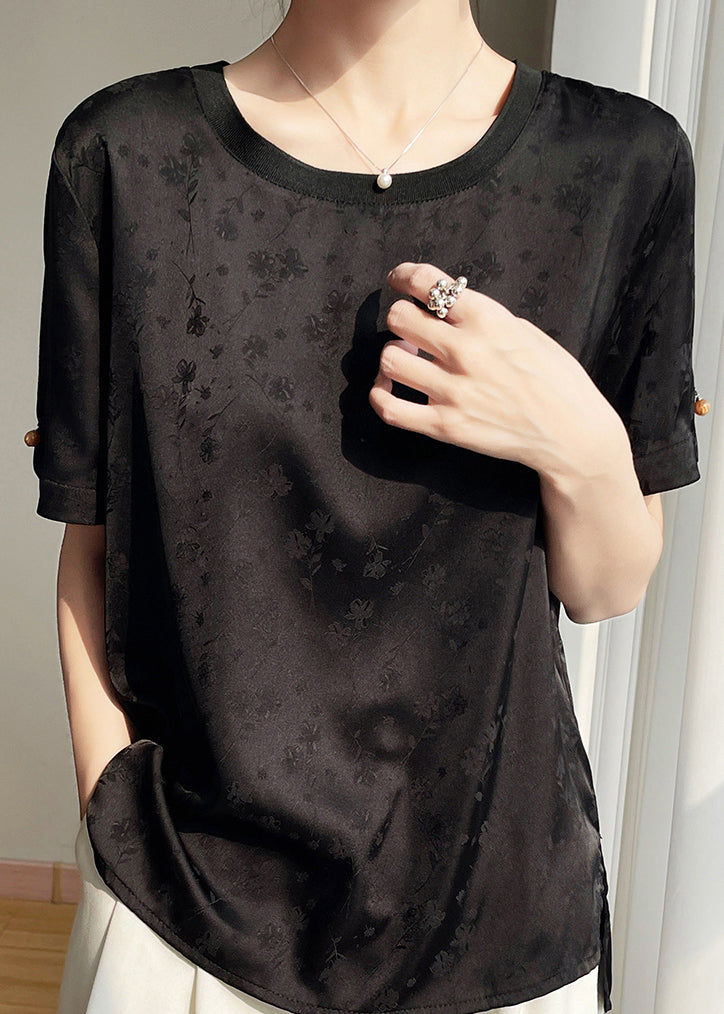Black Side Open Silk Shirts O Neck Summer