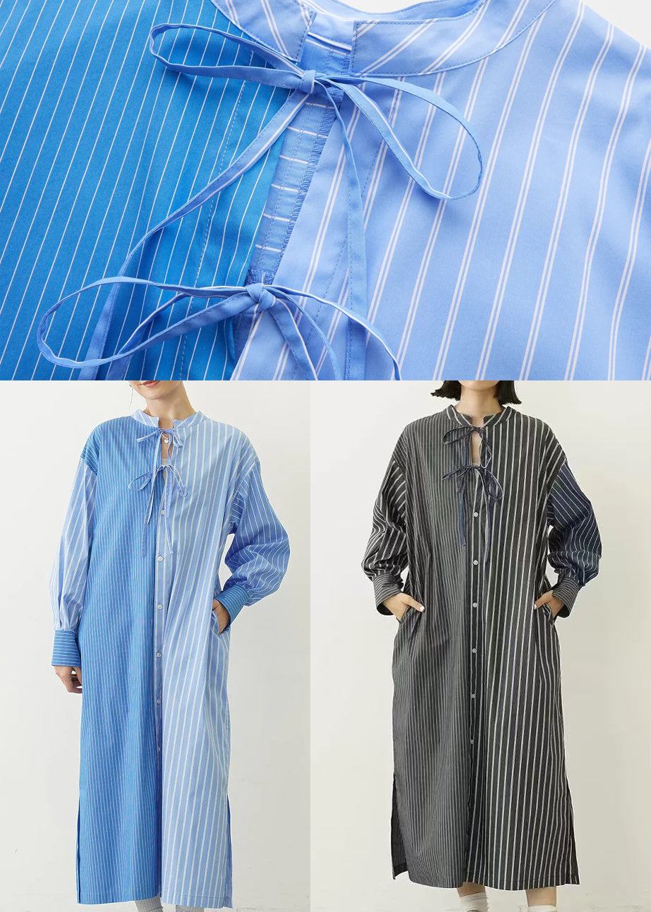 Black Striped Cotton Shirt Dresses Oversized Lace Up Spring