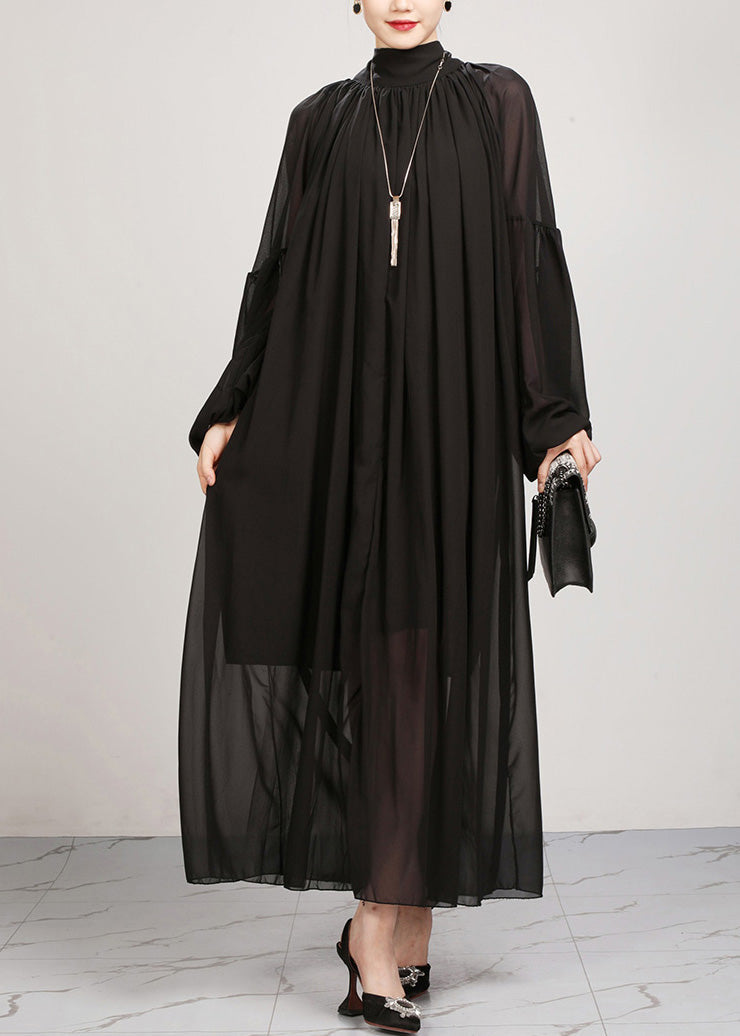 Black Turtleneck Chiffon Maxi Dresses Lantern Sleeve – Omychic