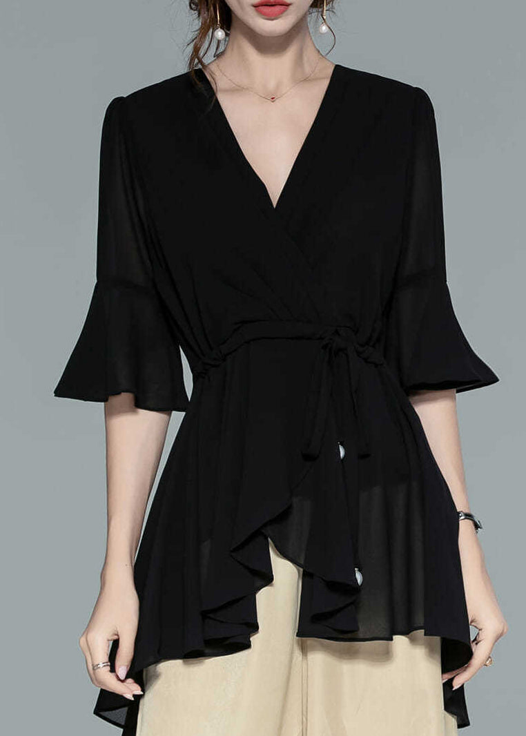 Black Wrinkled Solid Chiffon Shirts V Neck Half Sleeve