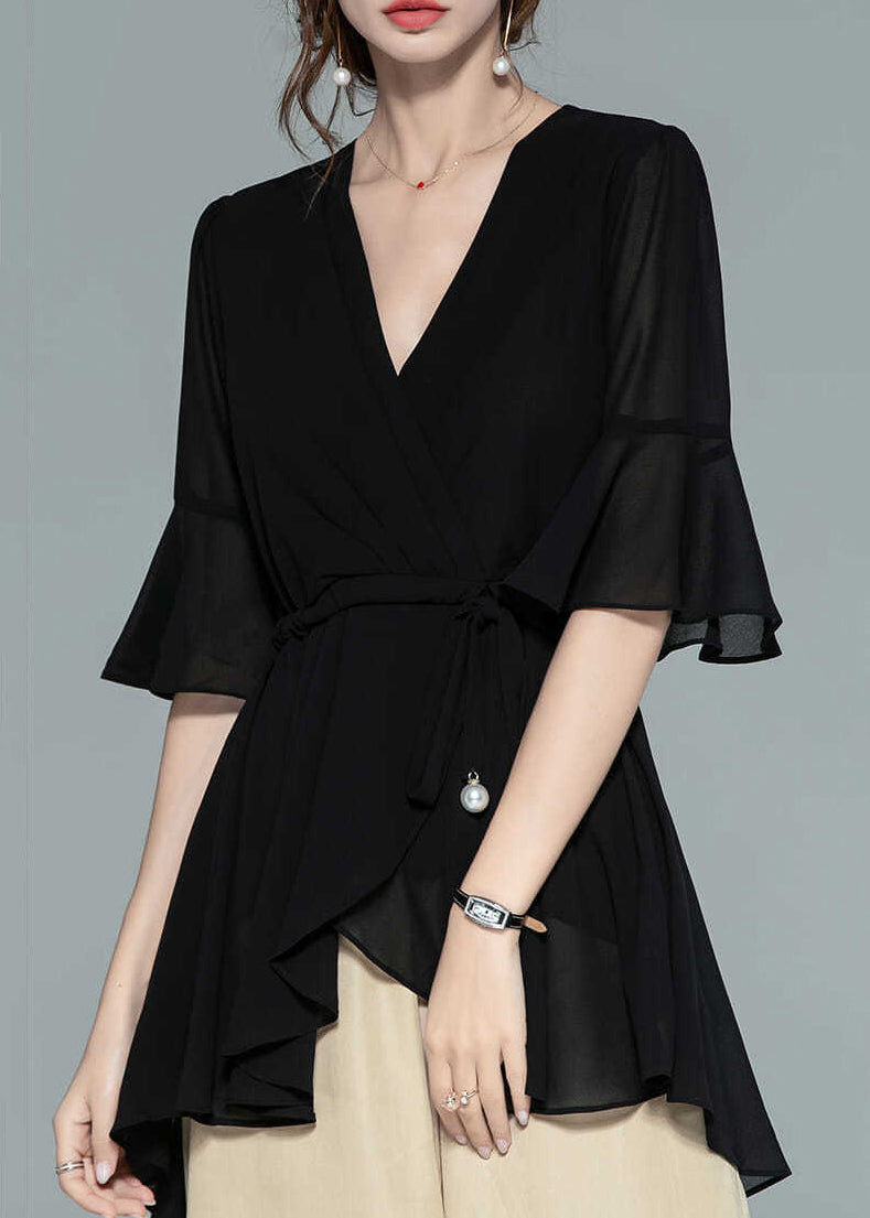 Black Wrinkled Solid Chiffon Shirts V Neck Half Sleeve