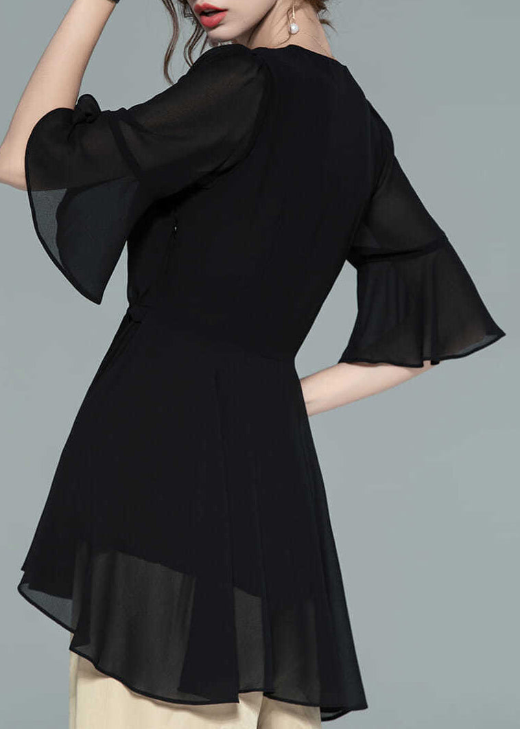 Black Wrinkled Solid Chiffon Shirts V Neck Half Sleeve