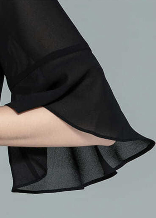 Black Wrinkled Solid Chiffon Shirts V Neck Half Sleeve