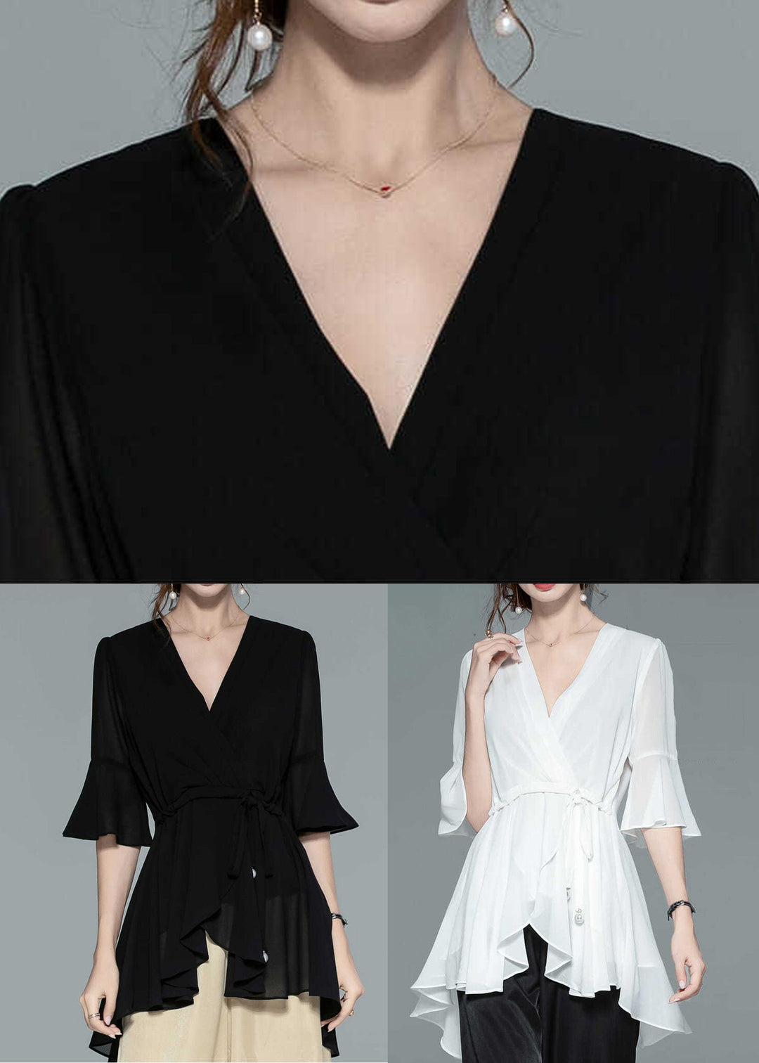 Black Wrinkled Solid Chiffon Shirts V Neck Half Sleeve