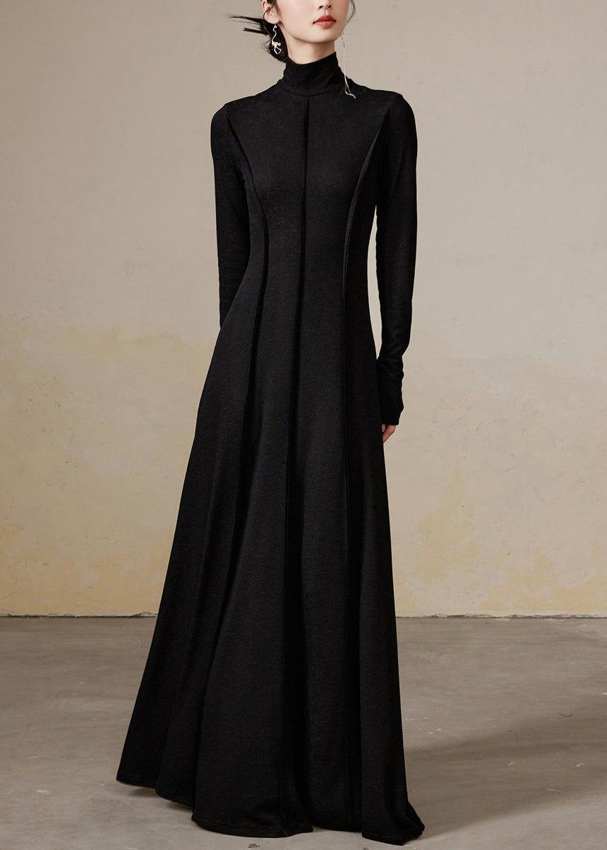 Black Wrinkled Solid Cotton Long Dresses Turtleneck – Omychic