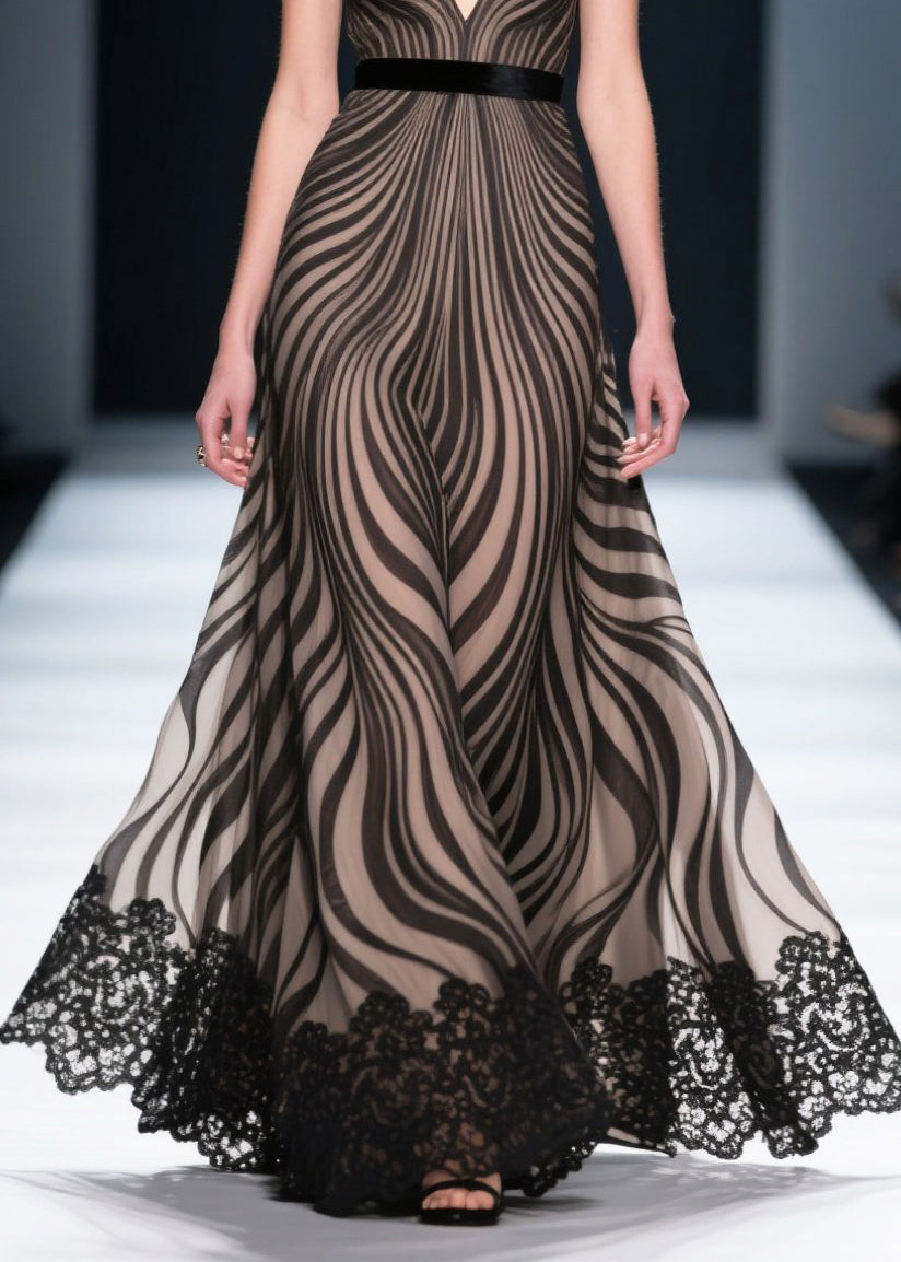 Black Zebra Pattern Chiffon Party Dresses Exra Large Hem Summer