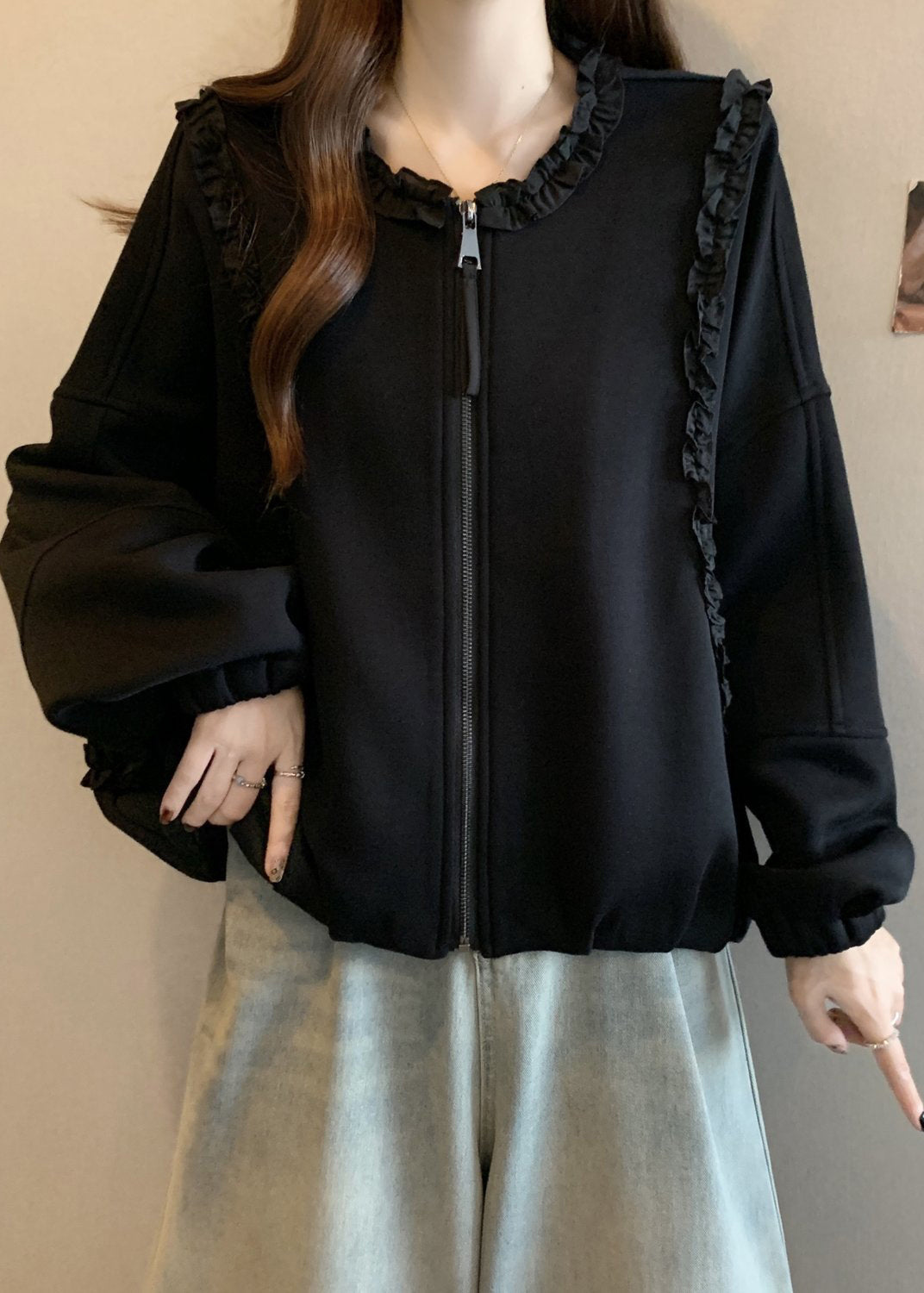 Black Zip Up Solid Cotton Coats Ruffled Long Sleeve