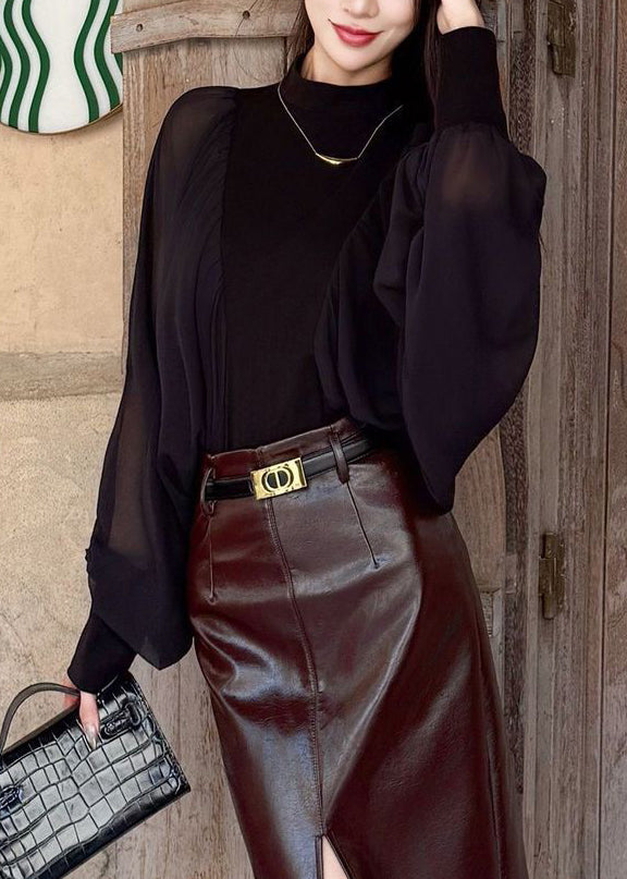 Black Zippered Chiffon Patchwork Shirt Wrinkled Batwing Sleeve