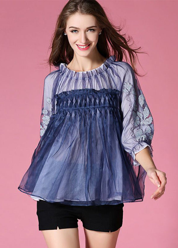 Blue Patchwork Tulle Shirt Embroidered Wrinkled Spring