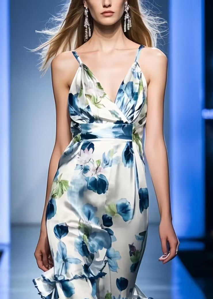 Blue Print Silk Mini Dresses Asymmetrical Summer
