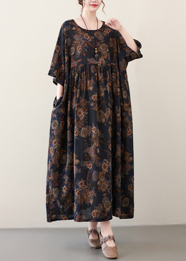 Blue Print Wrinkled Vacation Long Dresses Half Sleeve