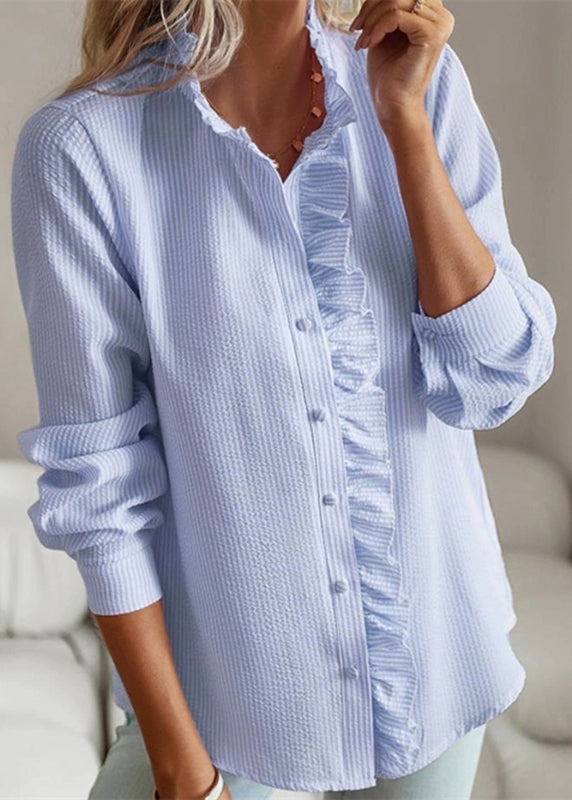 Blue Solid Shirt Ruffled Patchwork Puff Sleeve