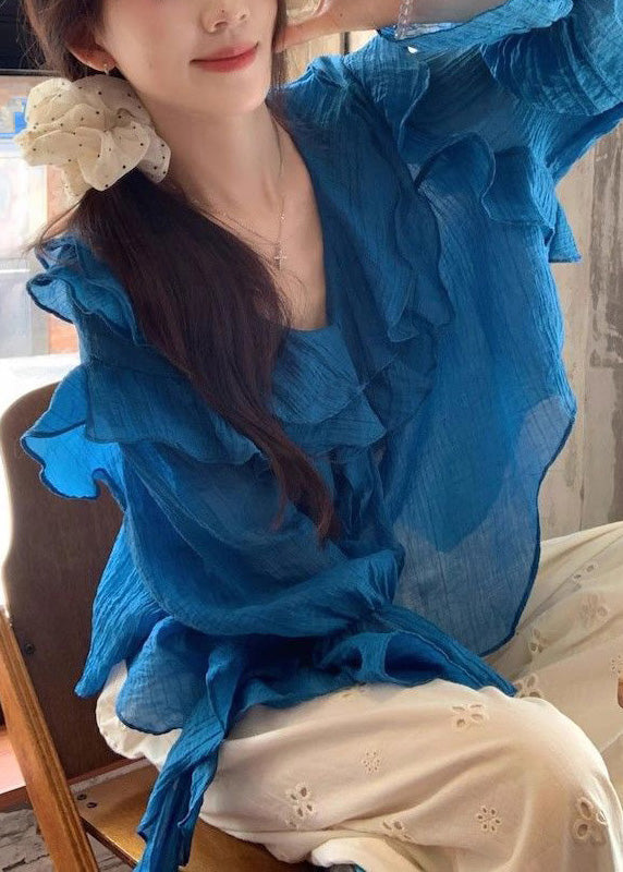 Blue Solid Tops V Neck Asymmetrical Patchwork Fall