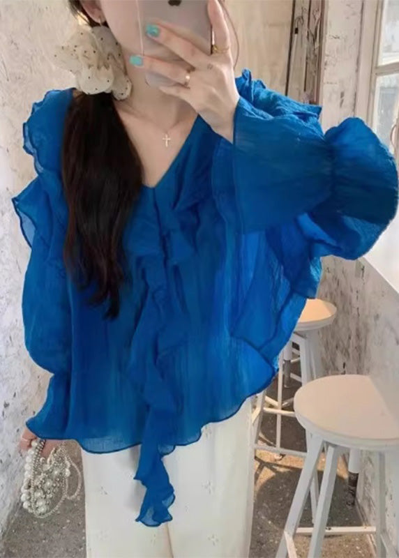 Blue Solid Tops V Neck Asymmetrical Patchwork Fall