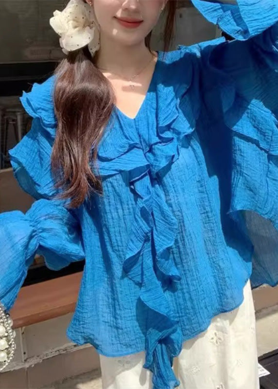 Blue Solid Tops V Neck Asymmetrical Patchwork Fall