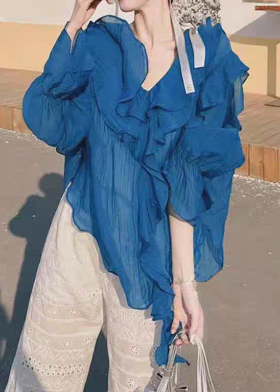 Blue Solid Tops V Neck Asymmetrical Patchwork Fall