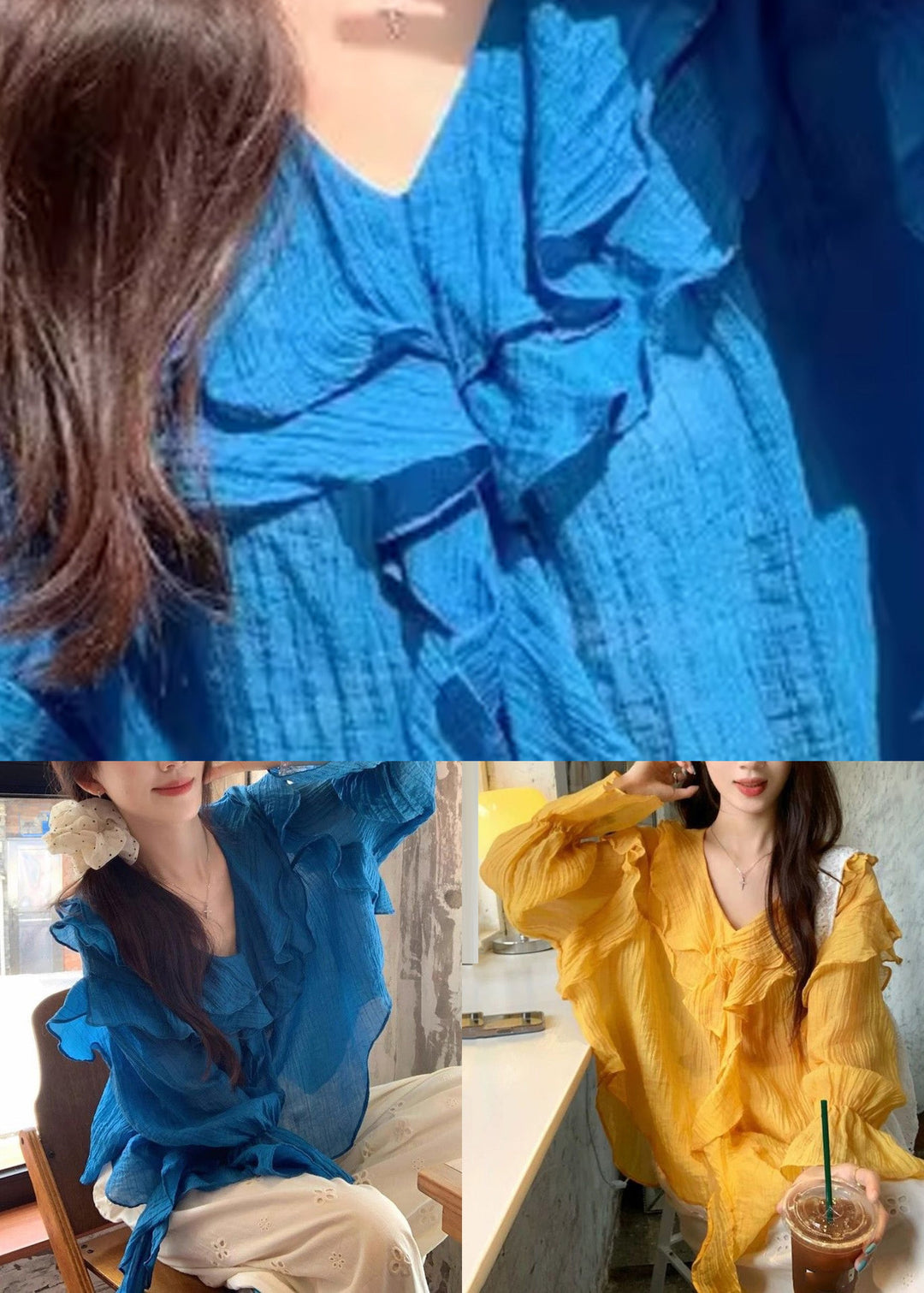 Blue Solid Tops V Neck Asymmetrical Patchwork Fall