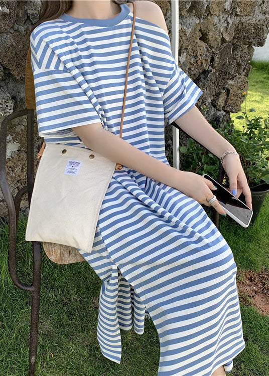 Blue Striped Cotton Robe Dresses Cold Shoulder Summer