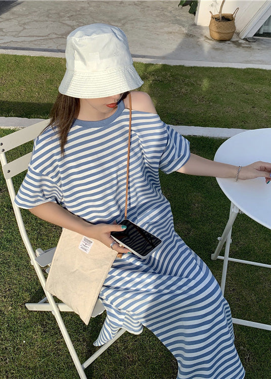 Blue Striped Cotton Robe Dresses Cold Shoulder Summer