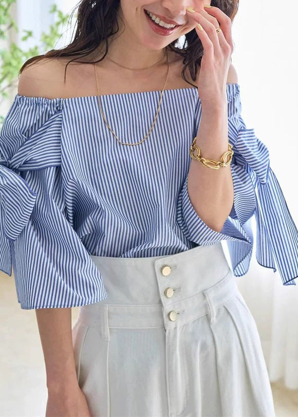 Blue Striped Cotton Shirt Cold Shoulder Summer