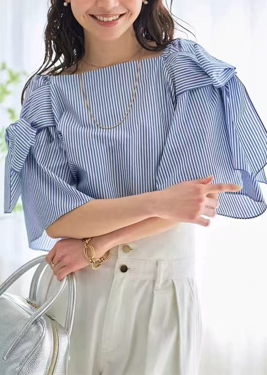 Blue Striped Cotton Shirt Cold Shoulder Summer