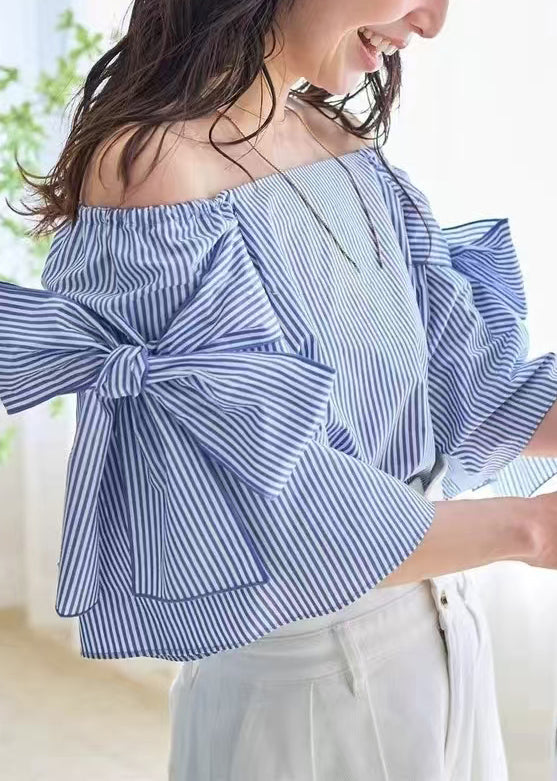 Blue Striped Cotton Shirt Cold Shoulder Summer