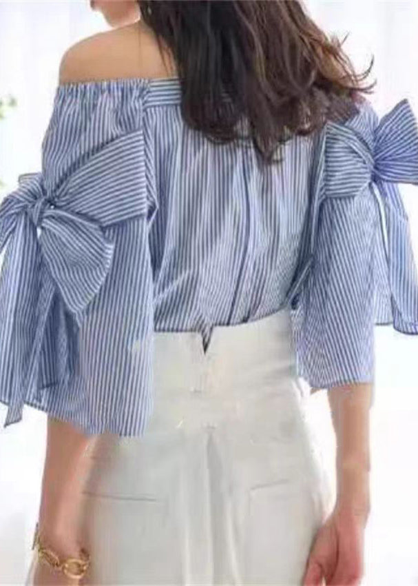 Blue Striped Cotton Shirt Cold Shoulder Summer