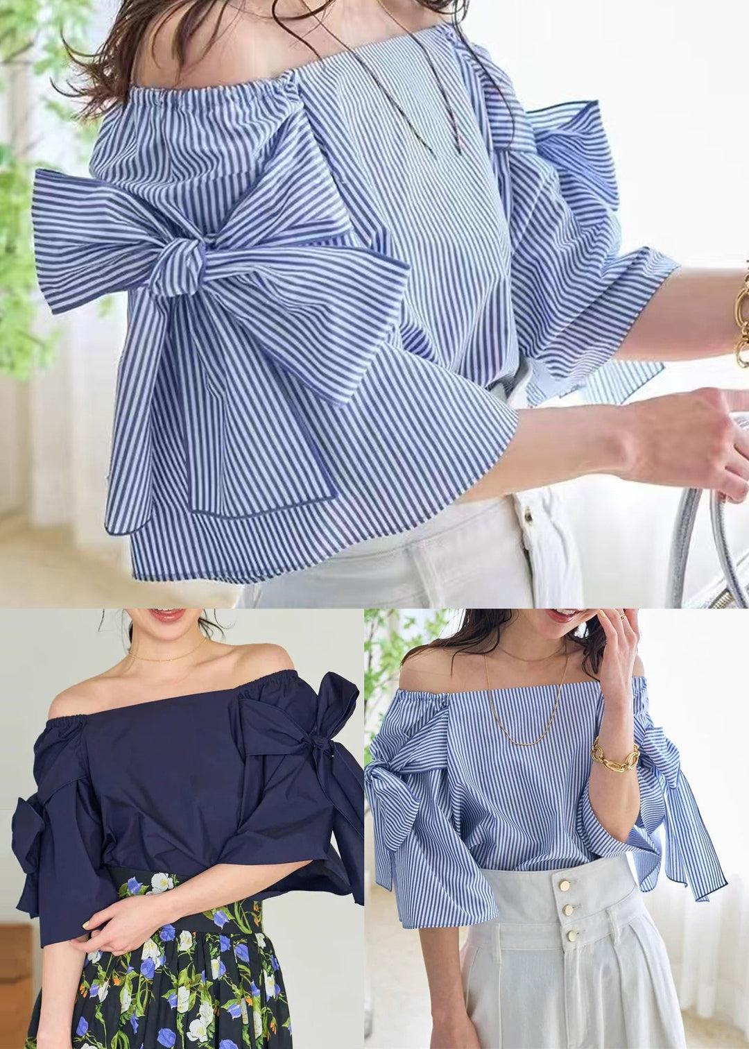 Blue Striped Cotton Shirt Cold Shoulder Summer
