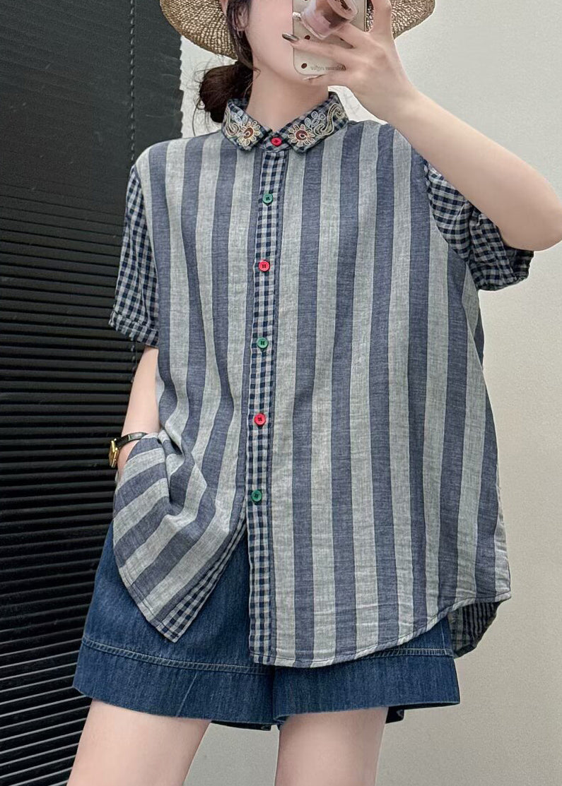 Blue Striped Linen Shirt Top Embroidered Summer