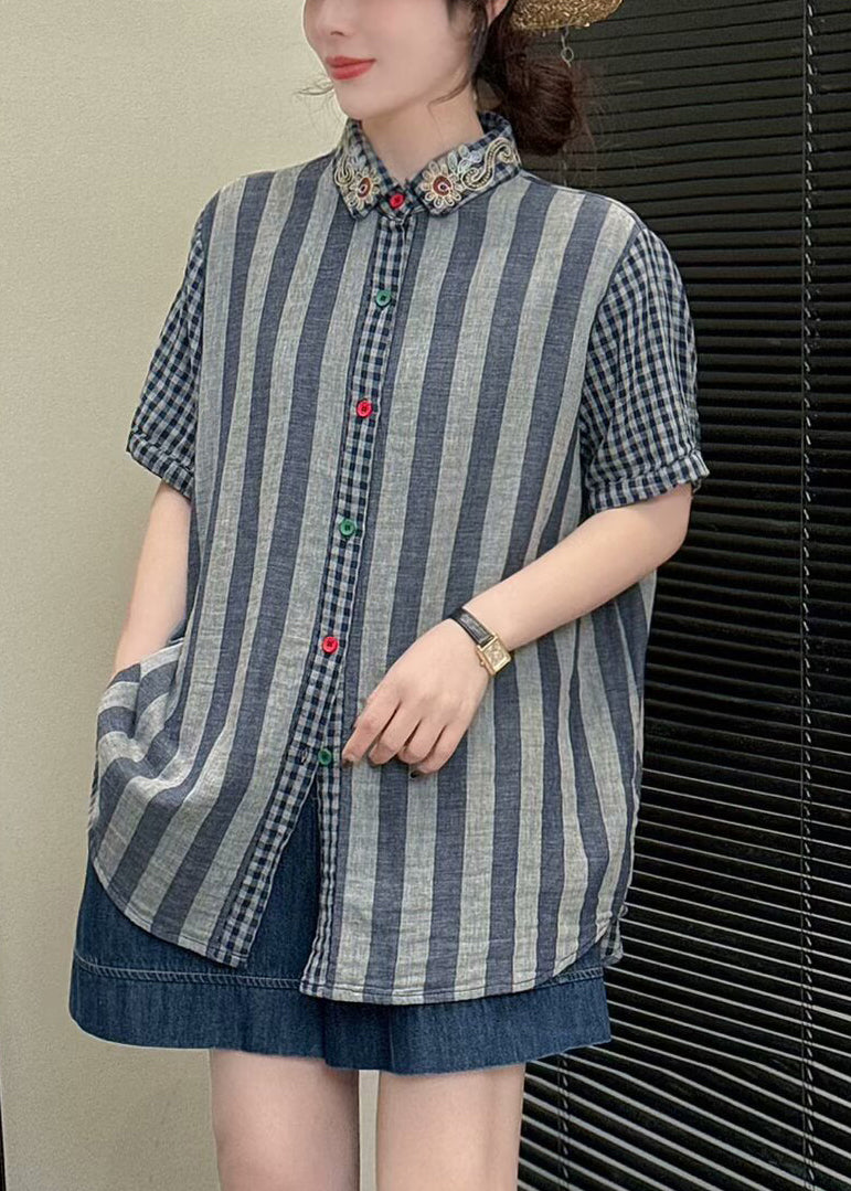 Blue Striped Linen Shirt Top Embroidered Summer