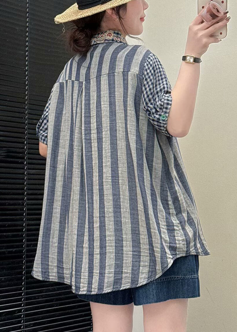 Blue Striped Linen Shirt Top Embroidered Summer