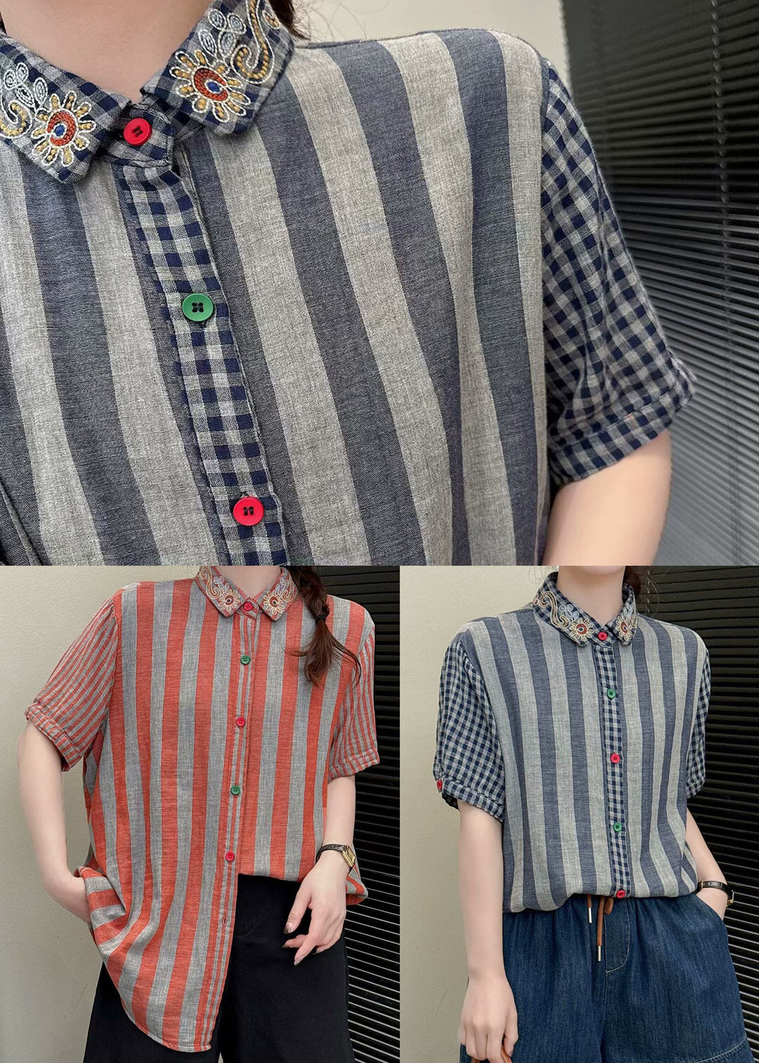 Blue Striped Linen Shirt Top Embroidered Summer