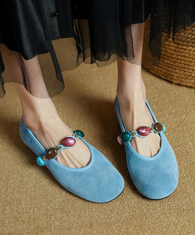 Blue Suede Buckle Strap Splicing Flat Shoes For Women