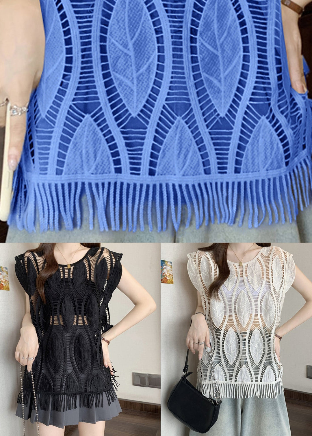 Blue Tasseled Solid Cotton Tank O-Neck Summer