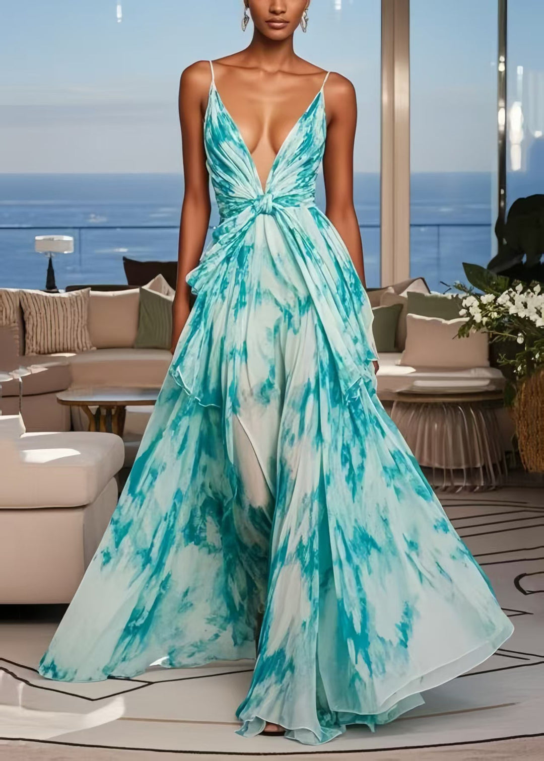 Blue Tie Dye Chiffon Cami Dresses Exra Large Hem Summer