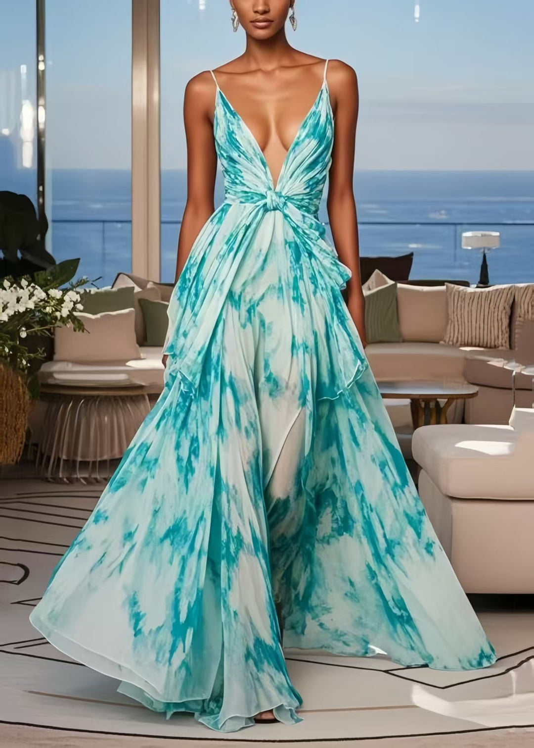 Blue Tie Dye Chiffon Cami Dresses Exra Large Hem Summer