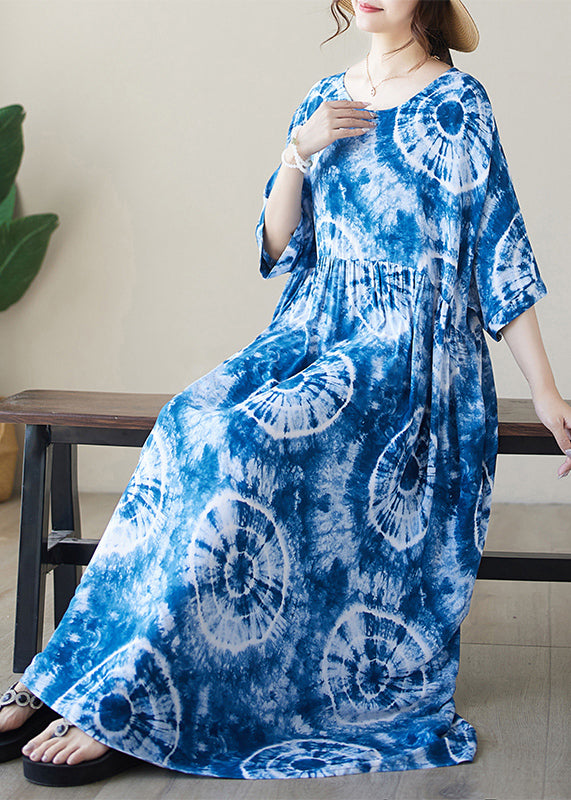 Blue Tie Dye Cotton Vacation Dresses Oversized Summer