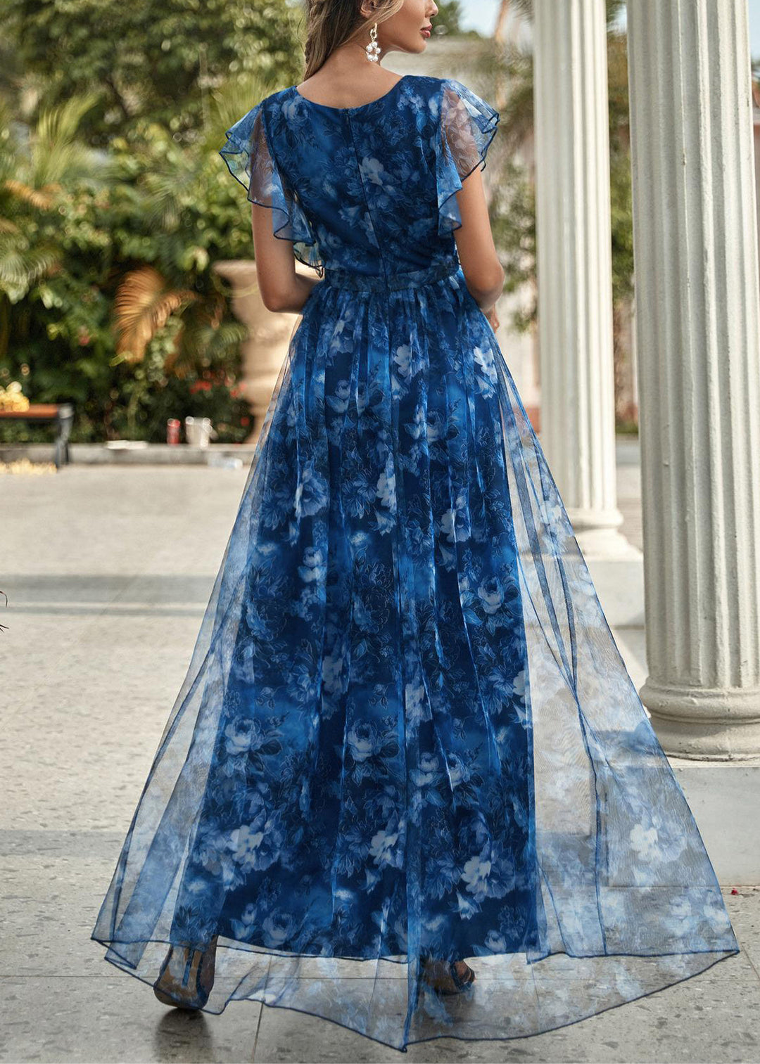 Blue V Neck Patchwork Tulle Long Dresses Short Sleeve