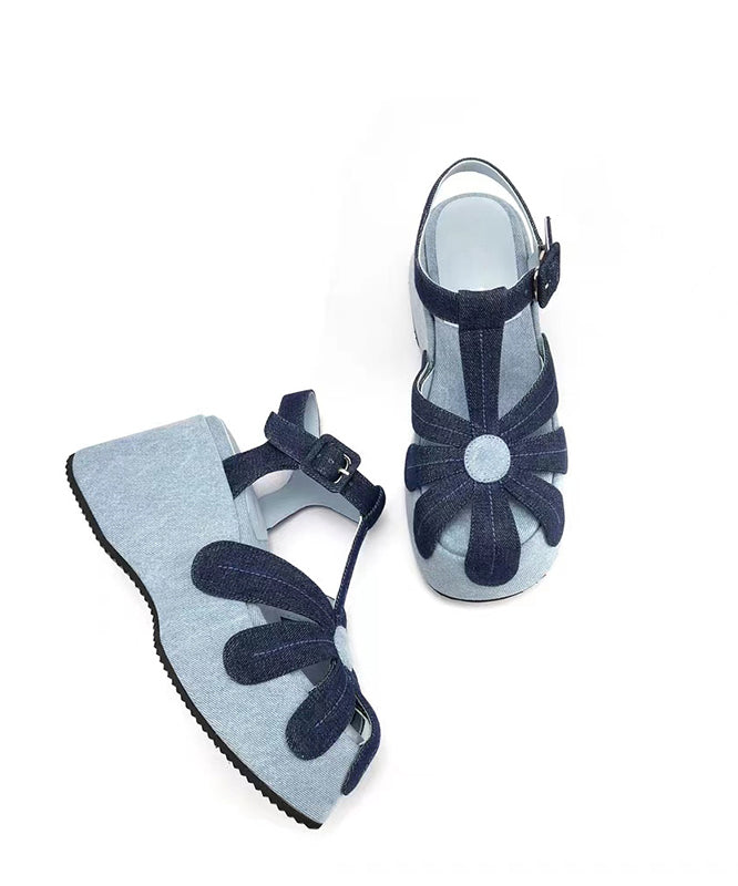 Blue Wedge Denim Fabric Fashion Splicing Hollow Out Sandals