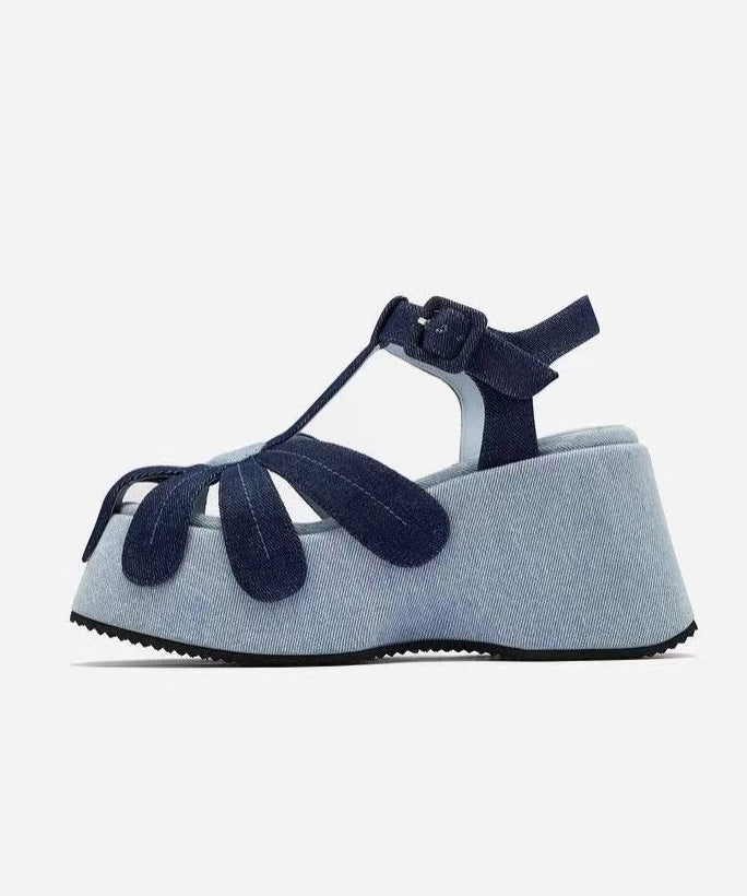 Blue Wedge Denim Fabric Fashion Splicing Hollow Out Sandals