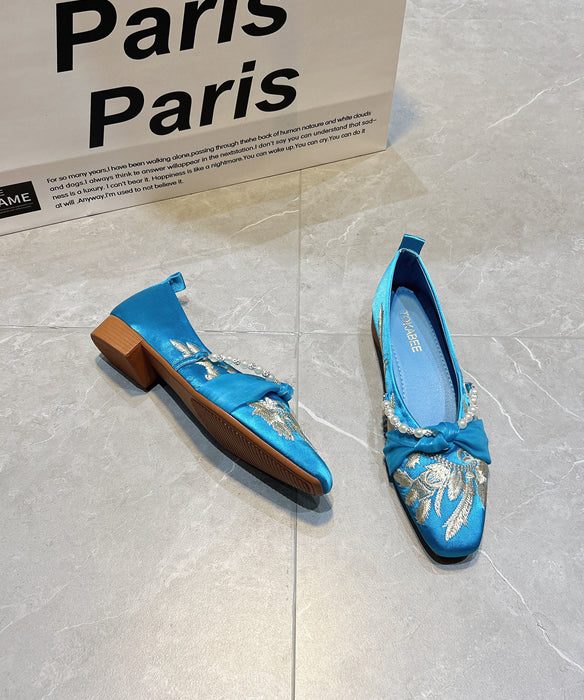 Blue Women Splicing Satin Embroidered Flat Feet Shoes