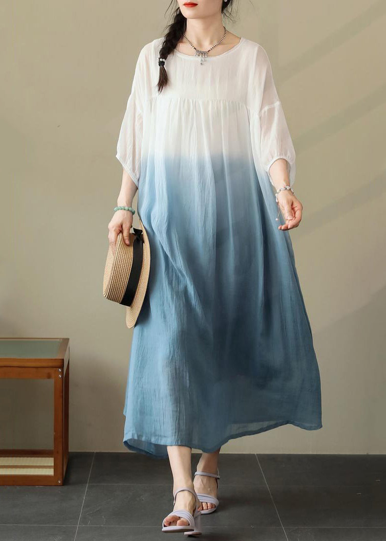 Blue Wrinkled Cotton Dresses O Neck Summer