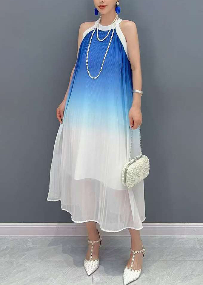 Blue Wrinkled Patchwork Chiffon Long Dresses Summer