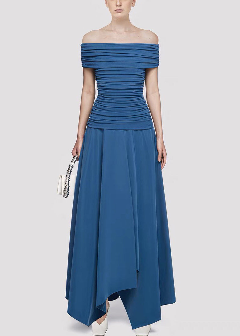 Blue Wrinkled Solid Cotton Knit Summer Long Dresses Slash Neck