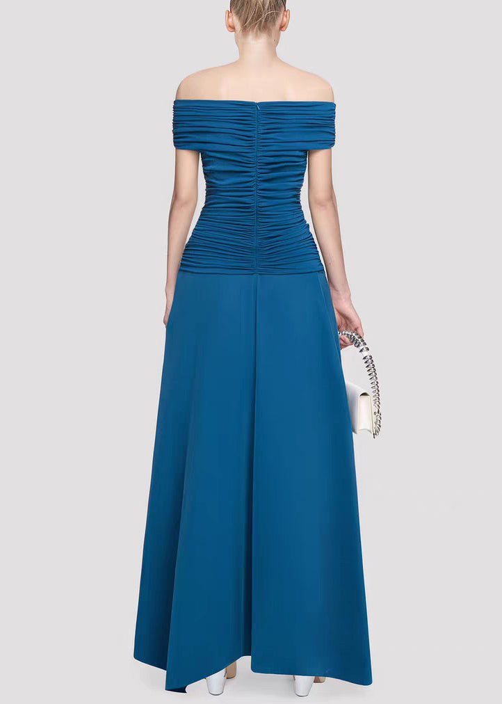 Blue Wrinkled Solid Cotton Knit Summer Long Dresses Slash Neck