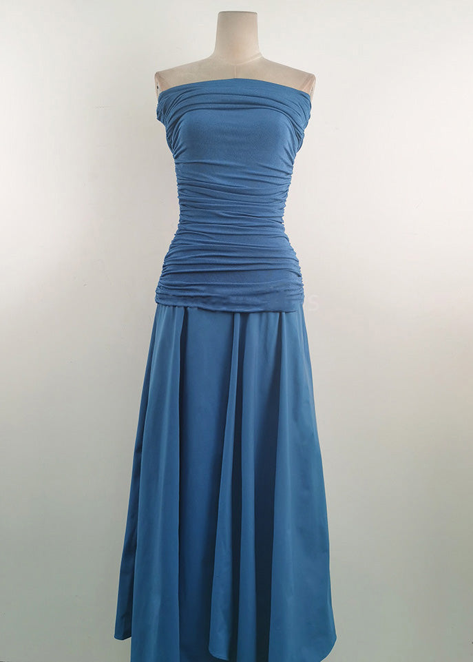 Blue Wrinkled Solid Cotton Knit Summer Long Dresses Slash Neck
