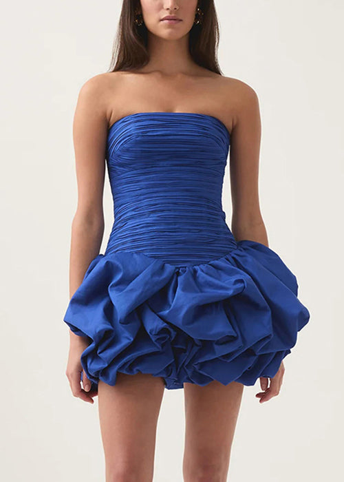 Blue Wrinkled Solid Cotton Mid Dress Strapless Summer